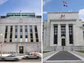 The Bank of Canada, left, decides rates this week, while the U.S. Federal Reserve, right, decides July 31.