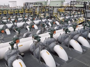 Pipes at the Kinder Morgan Trans Mountain facility in Edmonton.