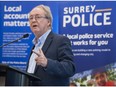 Surrey Mayor Doug McCallum briefs the media on the just-released Policing Transition Report at Surrey city hall Monday, June 3, 2019.