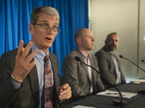 TransLink CEO Kevin Desmond (from left), Jeff Busby, director of the Surrey-Langley SkyTrain project and Daniel Firth, director of the South of Fraser Refresh, outline plans for the new line at a press conference on Friday.