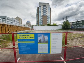 Property at West Broadway and Birch streets in Vancouver. There is a proposal to build a 28-storey rental building on this site of the former Denny's location.