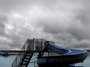 The outdoor pool at Second Beach under cloudy skies.