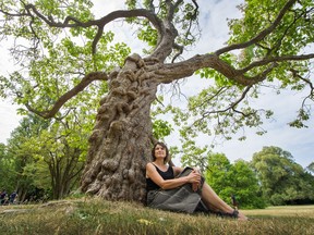Holly Schmidt with a northern catalpa tree which was part of her All The Trees art project at Jericho Beach park.