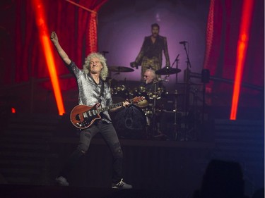 Lead guitarist Brian May, lead singer Adam Lambert and drummer Roger Taylor perform onstage for  An Evening with Queen and Adam Lambert: The Rhapsody Tour at Rogers Arena. Vancouver, July 10 2019.