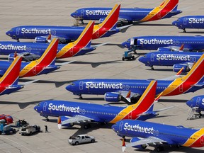 A number of grounded Southwest Airlines Boeing 737 MAX 8 aircraft are shown parked at Victorville Airport in Victorville, California, U.S., March 26, 2019.