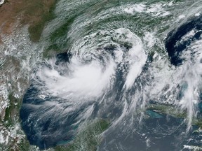 Tropical Storm Barry approaches the coast of Louisiana from the Gulf of Mexico on July 12, 2019.