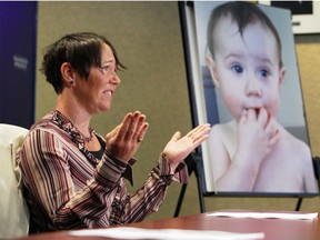 Tasha Brown speaks to the media at Saanich police headquarters in 2016. A photo of her missing daughter, Kaydance, is on an easel. Kaydance was found this week with Brown's former partner, Lauren Etchells. The child is now 4.