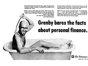 Vancouver Sun ad for columnist Mike Grenby on April 24, 1976. The ad references a popular Grenby column on how he shared hot water from baths with his wife and son.