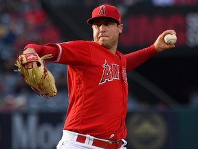 Tyler Skaggs of the Angels pitches in the first inning of a game against the Athletics at Angel Stadium in Anaheim, Calif., on June 29, 2019.