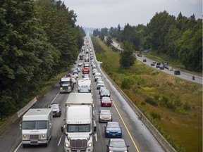 Traffic on a congested Highway 1 in Langley heads toward the Fraser Valley.
