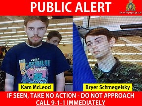 Police are trying to find Bryer Schmegelsky, left, and Kam McLeod after their vehicle was found burning on the side of a highway in northern B.C. on Friday, July 19, 2019. The pair, previously thought to be missing, are now being treated as murder suspects.
