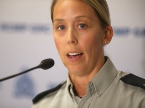 RCMP Cpl. Julie Courchaine at a media conference at RCMP D Division, in Winnipeg, where it was announced that murder suspects remain at large.