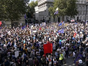 Anti-Brexit demonstrators protest in Whitehall on August 31, 2019 in London, England. Left-wing group Momentum and the People's Assembly are coordinating a series of "Stop The Coup" protests across the UK aimed at Boris Johnson and the UK government proroguing Parliament.