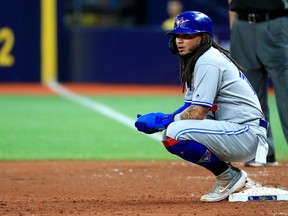 Freddy Galvis #16 of the Toronto Blue Jays looks on in the ninth inning during a game against the Tampa Bay Rays at Tropicana Field on Aug. 05, 2019 in St Petersburg, Florida.