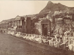 Detail from Pain's Last Days of Pompeii, Coney Island, 1903. (Official title is No. 1 of Pain's Spectacle.) A version of this "pyrodrama" played Recreation Park in Vancouver in August, 1905. The volcano in the background and architecture are sets or painted into the background. Benjamin J. Falk/Library of Congress LC-DIG-pan-6a28056. For John Mackie [PNG Merlin Archive]