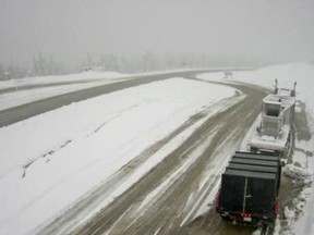 Snow is visible around 8:30 a.m. on the Drive B.C. highway camera at Steamboat Hill, about 80 km northwest of Fort Nelson. Environment Canada says  as much as 35 centimetres of snow has fallen in northern B.C. since Friday and four more centimetres are expected Monday.