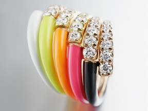 Enamel, gold and diamond rings from the Neon Collection by designer Melissa Kaye.