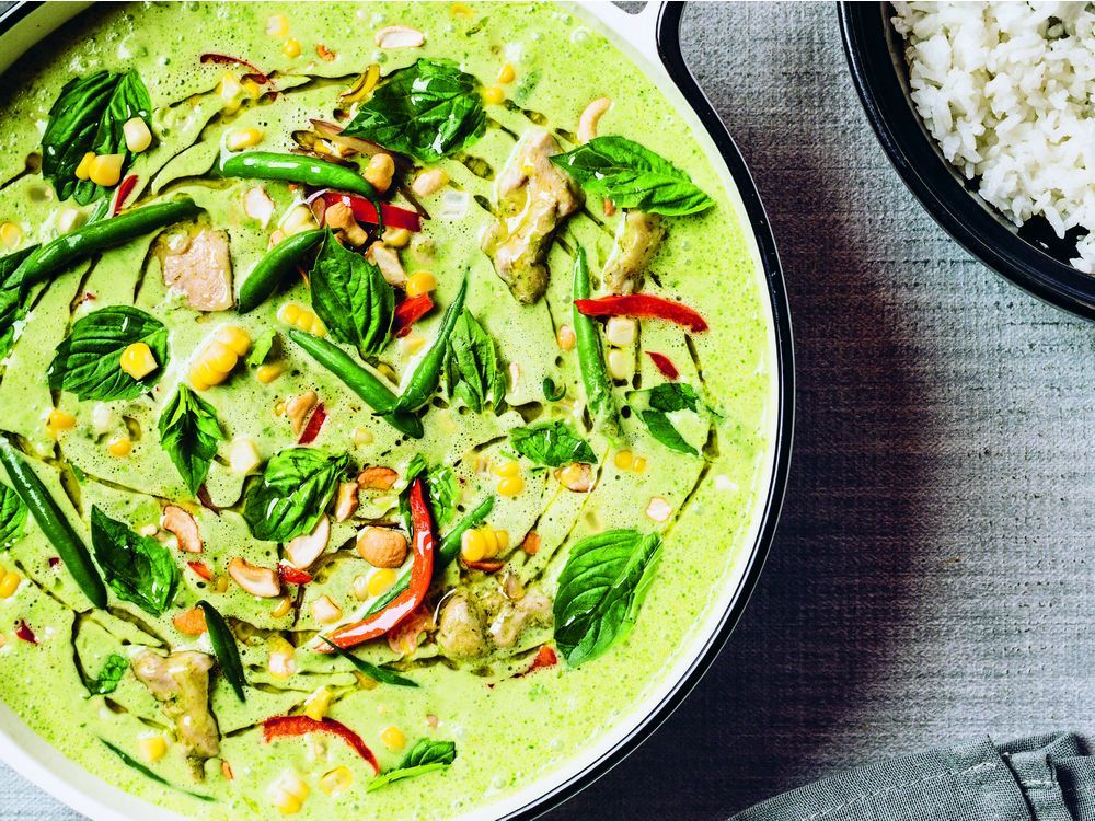  Fish sauce and chili paste lend complexity and depth to David Robertson’s Thai chicken curry, which is finished with a corn-cashew stir-fry.