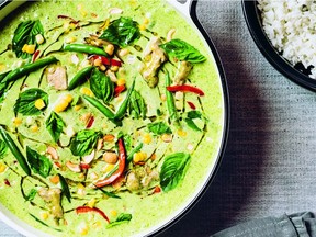 Fish sauce and chili paste lend complexity and depth to David Robertson’s Thai Chicken Curry, which is finished with a corn-cashew stir-fry. Photo: Kevin Clark