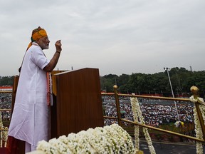 India's Prime Minister Narendra Modi delivers a speech to the nation during a ceremony to celebrate country's 73rd Independence Day, which marks the of the end of British colonial rule, at the Red Fort in New Delhi on August 15, 2019.