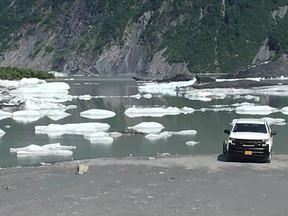 A view of Valdez Glacier Lake is seen as Valdez Police and Fire concluded their operation after three tourists were found dead in a boating accident in the lake located east of Anchorage, Alaska, U.S., August 1, 2019, in this image obtained via social media.