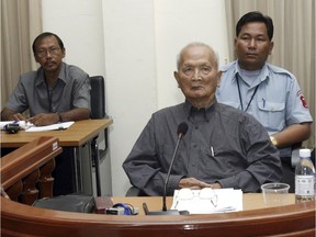 Nuon Chea sits in the dock at the Extraordinary Chambers in the Courts of Cambodia on the outskirts of Phnom Penh in February 2008. Noun Chea died on Sunday at the age of 93, a court spokesman said.