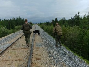 RCMP officers search for two fugitive teenagers wanted in the killing of three people, including an American woman and her Australian boyfriend, near Gillam in northern Manitoba on July 26.