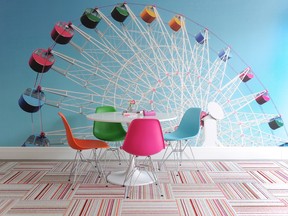 In one client’s home, interior designer Lori Steeves used a ferris wheel as a jumping-off point to inject colour and a sense of fun; a large mural of the carnival ride sets the tone for the playroom.