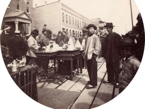 Street vendors on Fisgard Street, Victoria B.C., circa 1898. Vancouver Archives AM54-S4-: Str P351.1.