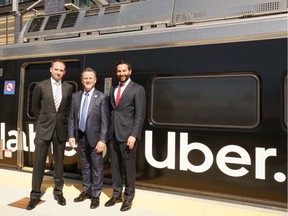 Uber has an agreement with Denver transit to integrate transit information in its app. It's an example of how ride-hailing companies are co-existing with transit services. Pictured from left are: Jonathan Donavan, chief product officer at Masabi, a transit data aggregator, David Genova, CEO of Denver Rapid Transit, and David Reich, head of transit at Uber.