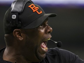 B.C. Lions head coach DeVone Claybrooks on the sidelines as his team fell to 1-9 on the season with a loss to the Hamilton Tiger-Cats at B.C. Place on Saturday. Photo: Gerry Kahrmann/Postmedia