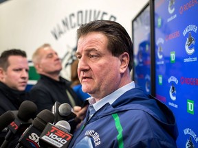Vancouver Canucks' general manager Jim Benning speaks to media during a press conference at Rogers Arena in March this year.