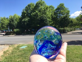 The final product: A beautiful paperweight created during a “Hot Glass Experience” at the Robert Held Art Glass studio in Parksville, B.C.