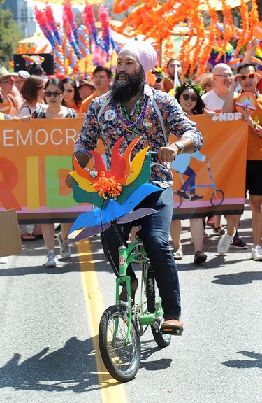 VANCOUVER, BC., August 4, 2019 - Federal NDP leader Jagmeet Singh in action during the 2019 Vancouver Pride Parade in Vancouver,  BC., August 4, 2019.  (NICK PROCAYLO/PNG)   00058300A ORG XMIT: 00058300A [PNG Merlin Archive]