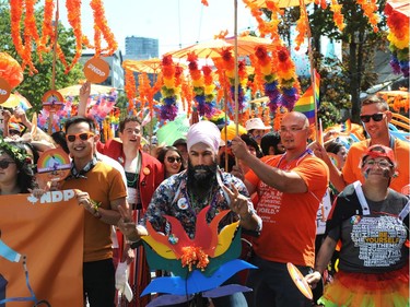 VANCOUVER, BC., August 4, 2019 - Federal NDP leader Jagmeet Singh in action during the 2019 Vancouver Pride Parade in Vancouver,  BC., August 4, 2019.  (NICK PROCAYLO/PNG)   00058300A ORG XMIT: 00058300A [PNG Merlin Archive]