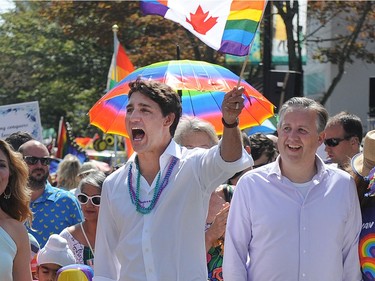 Prime Minister Justin Trudeau and Vancouver mayor Kennedy Stewart march in the Vancouver Pride Parade.