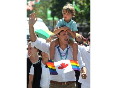Canadian Prime Minister Justin Trudeau with son, Hadrian marches in the 2019 Vancouver Pride Parade in Vancouver,  BC., August 4, 2019.