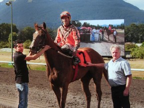 Mexican stable worker David (left), one of several people who were arrested Monday at the stables of Vancouver's Hastings Racecourse, with trainer Craig McPherson (right) and an unidentified jockey on a race-winning horse in Vancouver in an undated photo.