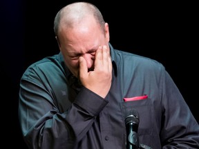 Carson Crimeni's father Aron Crimeni wipes away tears while speaking about his late 14-year-old son in Langley, B.C., on Thursday August 29, 2019. The family of a 14-year-old boy whose apparent overdose death was filmed and posted on social media delivered a powerful call for change at his funeral.