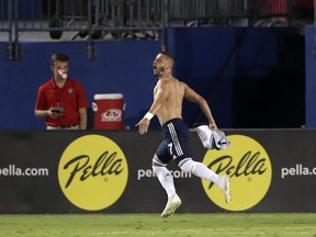 Vancouver Whitecaps midfielder Lucas Venuto (7) reacts after scoring a goal during the second half against FC Dallas at Toyota Stadium in June. The speedy winger and the Caps mutually parted ways on Thursday.