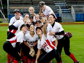 The Canadian women's softball team, hoping to earn a berth in the Toyko 2020 Summer Olympics over the next few days, poses for a pre-Americas Qualifier tournament selfie at Softball City in Surrey. Canada begins play Sunday night against Cuba.