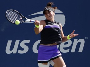 Bianca Andreescu of Canada hits a forehand against Kirsten Flipkens of Belgium during the second round of the 2019 U.S. Open tennis tournament at USTA Billie Jean King National Tennis Center.