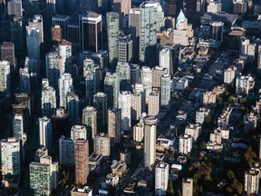 Commercial and residential buildings in an aerial photo taken over Vancouver.