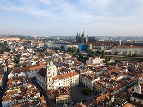 An aerial view of Prague’s Little Quarter and Castle Hill in the background.