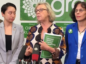 Green party leader Elizabeth May announced a "robot tax" to protect workers displaced by automation at a news conference in Burnaby on Sunday. She is flanked by Amita Kuttner, Green party candidate for Burnaby North-Seymour (L) and Suzanne de Montigny, candidate for New West-Burnaby (R).