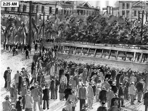 An artist's rendering of the 1919 Winnipeg General Strike, from the book A Graphic History of the Winnipeg General Strike by The Graphic History Collective and David Lester.