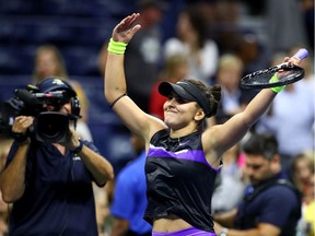 Canadian Bianca Andreescu of Canada reacts after winning her semifinal singles match on Thursday against Belinda Bencic of Switzerland at the USTA Billie Jean King National Tennis Center in the Queens borough of New York City.
