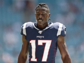 Wide receiver Antonio Brown of the New England Patriots warms up prior to their NFL game against the Miami Dolphins at Hard Rock Stadium on Sept. 15, 2019 in Miami, Fla.