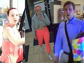 LANGLEY, B.C.: SEPT. 5, 2019 – Langley RCMP are seeking the public's help in locating the following suspects: (left) This woman is linked to an alleged hit and run on Sept. 4, 2019. (middle) This woman is alleged to have stolen products from a 7-Eleven on Aug. 27, 2019. (right) This man is alleged to have stolen cosmetics from a Shopper's Drug Mart on Aug. 27, 2019.