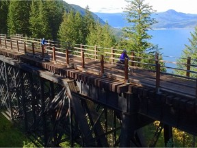 Cyclists ride across a trestle bridge, part of the Columbia and Western Rail Trail.